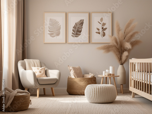 Soft beige nursery room adorned with lovely furniture. AI Generation.