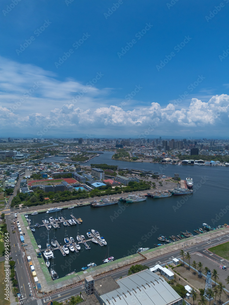 Aerial drone photo of Tainan City by drone in Taiwan. A bustling city, transportation shot from above. Aerial shot and photo background.