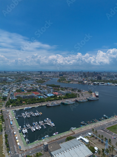 Aerial drone photo of Tainan City by drone in Taiwan. A bustling city  transportation shot from above. Aerial shot and photo background.