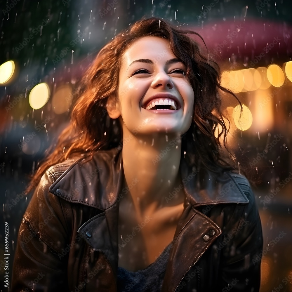 Happy American Lady smiling under the rain with blurred street lights in the background