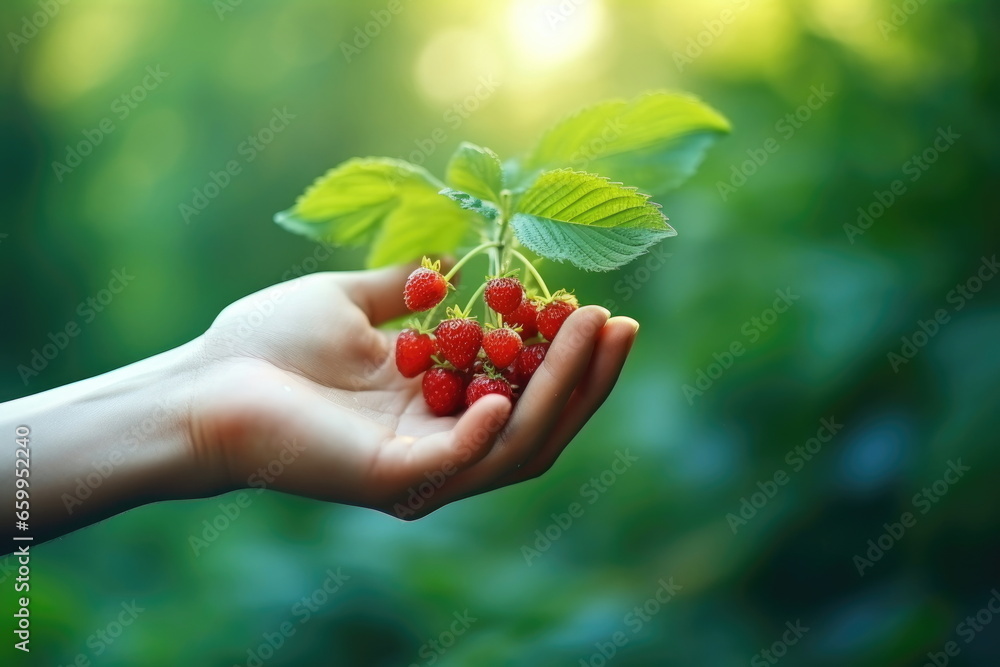 closeup hand hold berry with green nature background closeup hand hold berry with green nature background