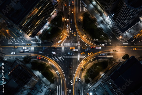 top view of intersection in a prosperous city, time lapse of car, long shutter speed photo