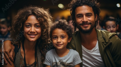 Cheerful multiracial family watching movie in cinema theater. Father, mother and son spending weekend together. Happy smiling parents and kid enjoying communication and shared leisure time. © Georgii