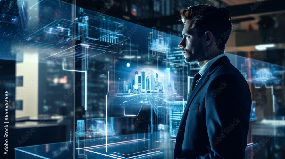 Business man interacting with hologram screen in futuristic office. Future technology concept Business man interacting with hologram screen in futuristic office. Future technology concept