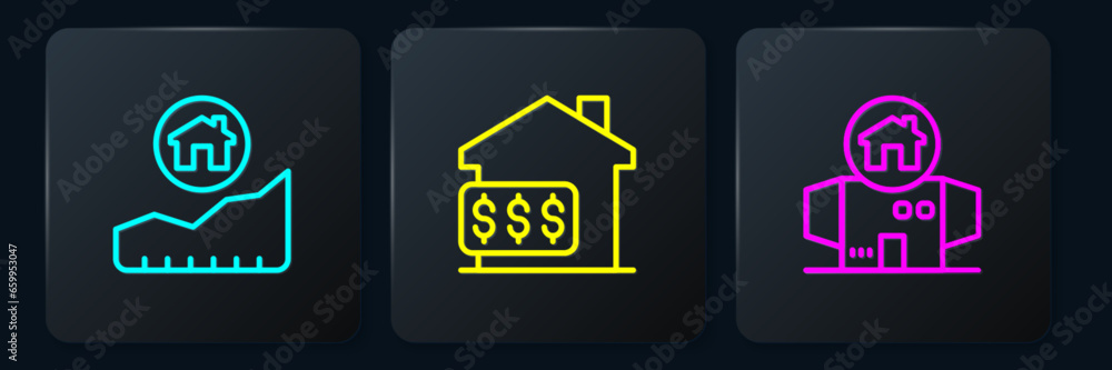 Set line Rising cost of housing, Homeless cardboard house and House with dollar. Black square button. Vector Set line Rising cost of housing, Homeless cardboard house and House with dollar. Black square button. Vector