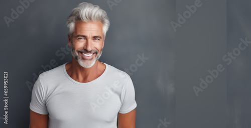 Beautiful caucasian man with smooth healthy face skin. Gorgeous aging mature man with gray hair and happy smiling. Beauty and cosmetics skincare advertising concept.