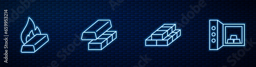 Set line Stacks paper money cash, Molten gold being poured, Gold exchange and Safe with bars. Glowing neon icon on brick wall. Vector