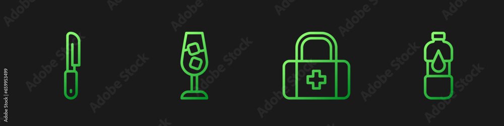 Set line First aid kit, Knife, Wine glass and Bottle of water. Gradient color icons. Vector Set line First aid kit, Knife, Wine glass and Bottle of water. Gradient color icons. Vector
