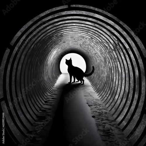 siluete of a catat the end of a dark tunnel detailed high quality  photo