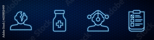 Set line Hypnosis, Solution problem in psychology, Sedative pills and Psychological test. Glowing neon icon on brick wall. Vector