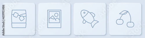 Set line Glass of whiskey with ice, Fish, Photo frame and Cherry. White square button. Vector