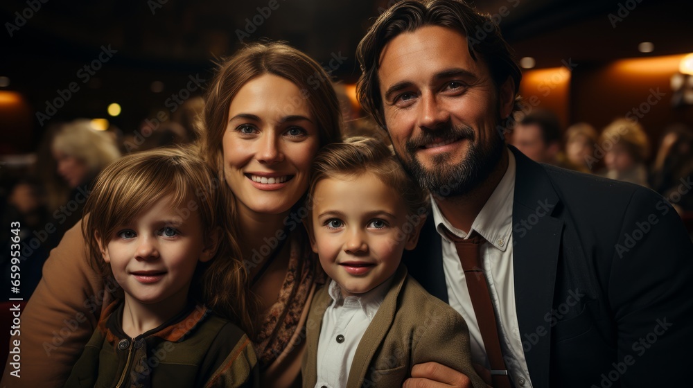 Cheerful caucasian family watching a movie in cinema theater. Father, mother, daughter and son spending weekend together. Happy smiling parents and kids enjoying communication and shared leisure time. Cheerful caucasian family watching a movie in cinema theater. Father, mother, daughter and son spending weekend together. Happy smiling parents and kids enjoying communication and shared leisure time.
