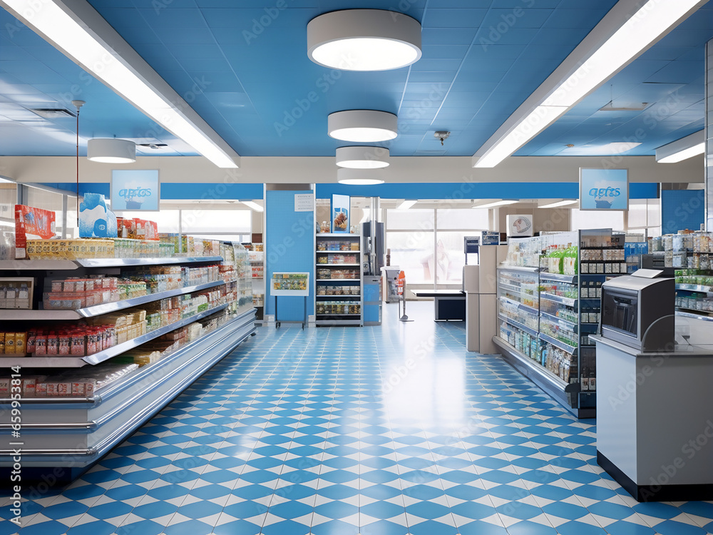 Discover a modern blue supermarket interior. AI Generation.