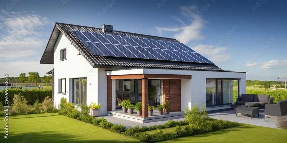 AI Generated. AI Generative. Alternative power electricity rooftop house solar panel. Modern architecture building. Graphic Art AI Generated. AI Generative. Alternative power electricity rooftop house solar panel. Modern architecture building. Graphic Art