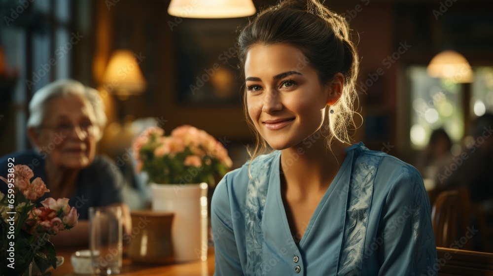 Close up portrait of young attractive female doctor or nurse in medical facility. Smiling clinician in green uniform with a confident look. Mastering a sought-after specialty. Career choice concept.