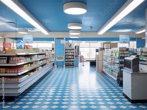 Discover a modern blue supermarket interior. AI Generation. © Llama-World-studio