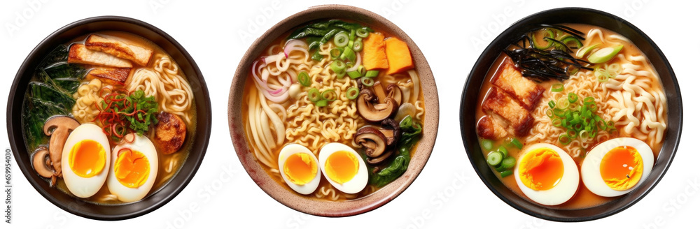 miso ramen set isolated at transparent background flat lay