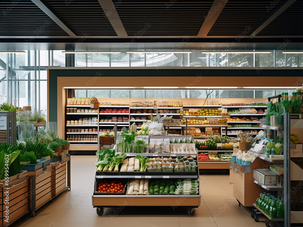 Bright, spacious modern supermarket with sleek interior/design. AI Generation.