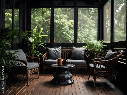 A sleek black veranda with modern furniture. AI Generation.