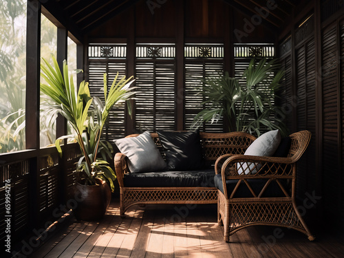 A minimalist black veranda with trendy furniture. AI Generation. © Llama-World-studio