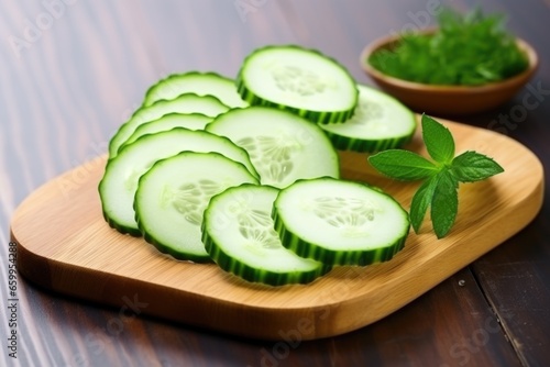 fresh cucumber slices on a wooden board