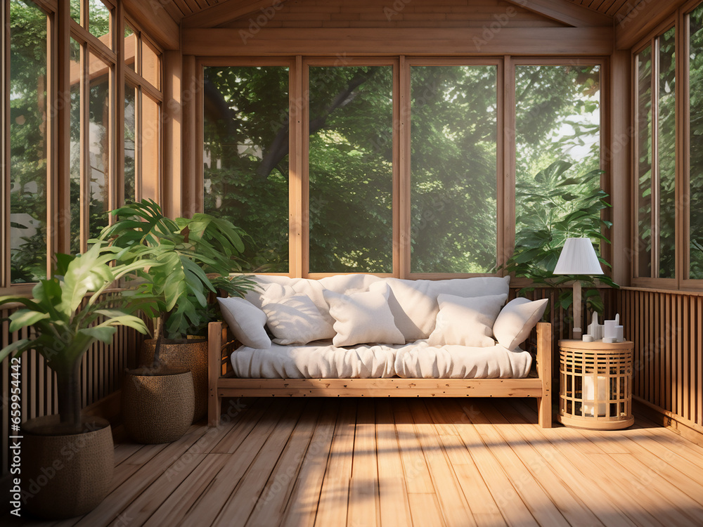 Light wood veranda with tasteful room decor. AI Generation. Light wood veranda with tasteful room decor. AI Generation.