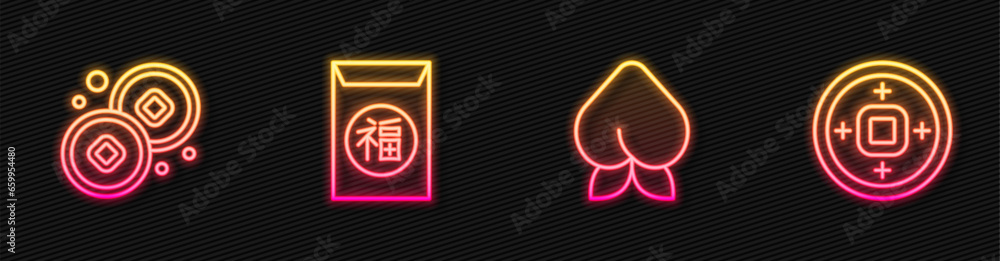 Set line Peach fruit or nectarine, Chinese Yuan currency, New Year and . Glowing neon icon. Vector