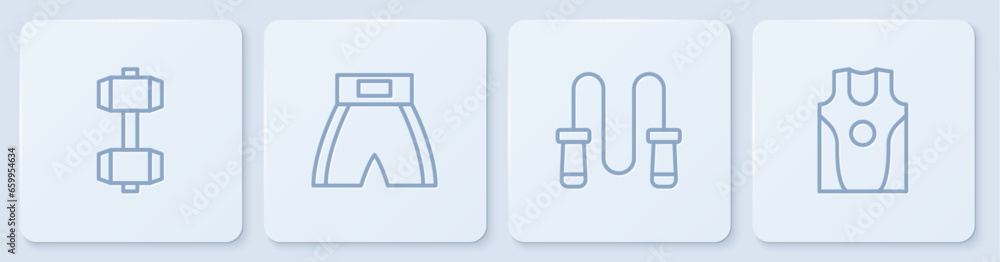Set line Dumbbell, Jump rope, Boxing short and jersey and t-shirt. White square button. Vector Set line Dumbbell, Jump rope, Boxing short and jersey and t-shirt. White square button. Vector