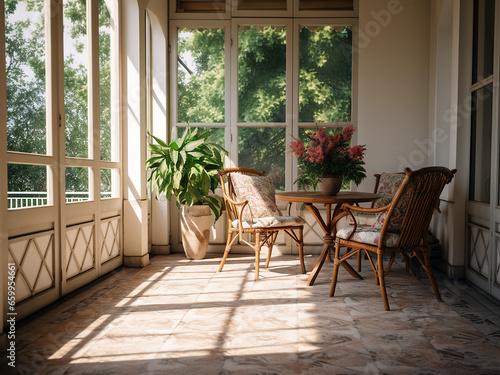 A cozy room inside a lovely Provence veranda. AI Generation.