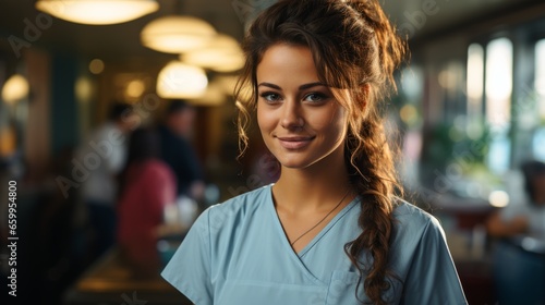 Close up portrait of young attractive female doctor or nurse in medical facility. Smiling clinician in blue uniform with a confident look. Mastering a sought-after specialty. Career choice concept.