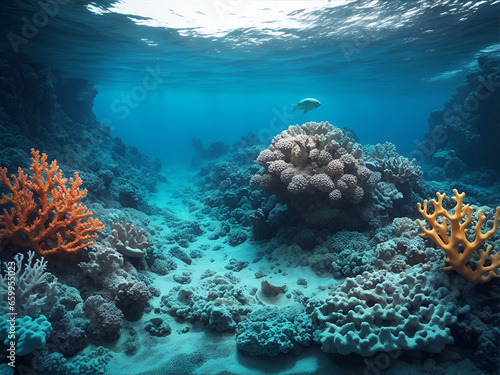 Paisaje submarino del océano con coral y rocas. Vista de frente y de cerca. Copy space. IA Generativa