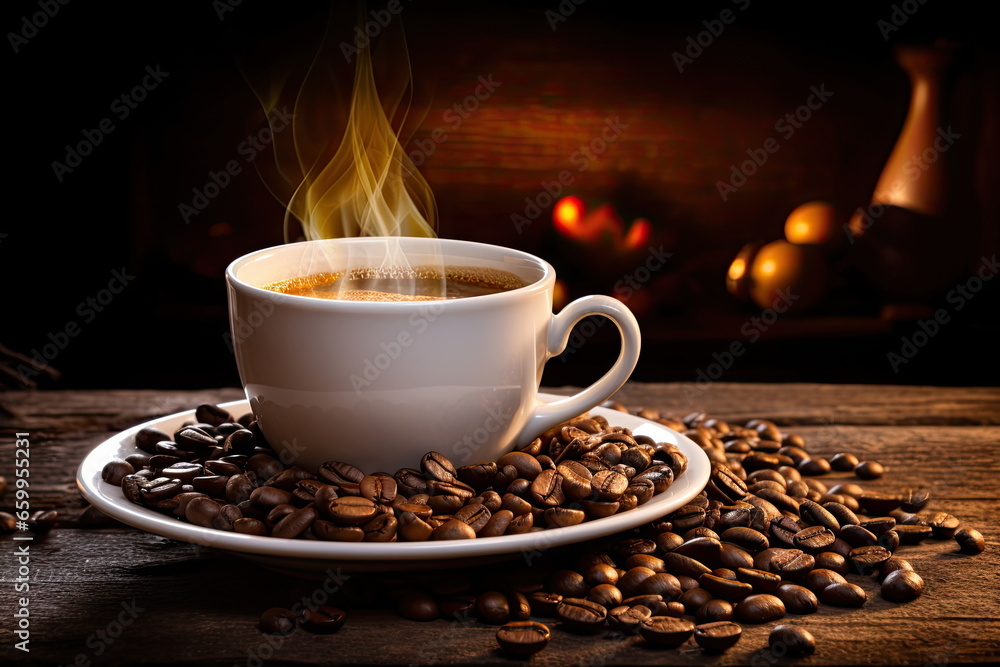 hot coffee with coffee beans on wood table