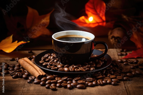 hot coffee with coffee beans on wood table