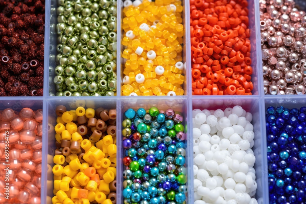 assortment of beads sorted in a compartmental box