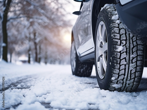 A detailed view of car tires covered in snow, emphasizing the winter road conditions.