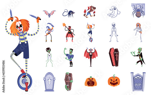 Set Characters of Hallowen Isolated Retro Cartoon Vector