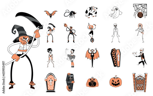 Set Characters of Hallowen Isolated Retro Cartoon Vector