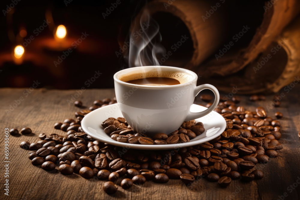 hot coffee with coffee beans on wood table hot coffee with coffee beans on wood table
