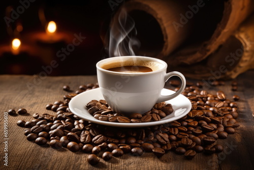 hot coffee with coffee beans on wood table