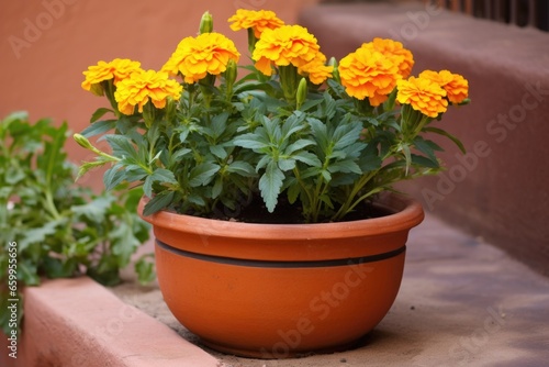mexican cempasuchil marigolds in a terra cotta pot