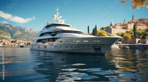 Luxury yacht moored in picturesque bay of beautiful ancient Mediterranean city. Ultra-modern megayacht reflected in water under the bright summer sun. Luxury tourism and romantic sea cruises concept.