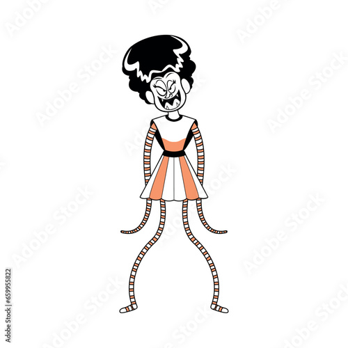 The Bride of Frankenstein Character of Hallowen Isolated Retro Cartoon Vector