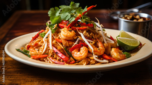 Plate of Pad Thai vibrant aromatic spicy