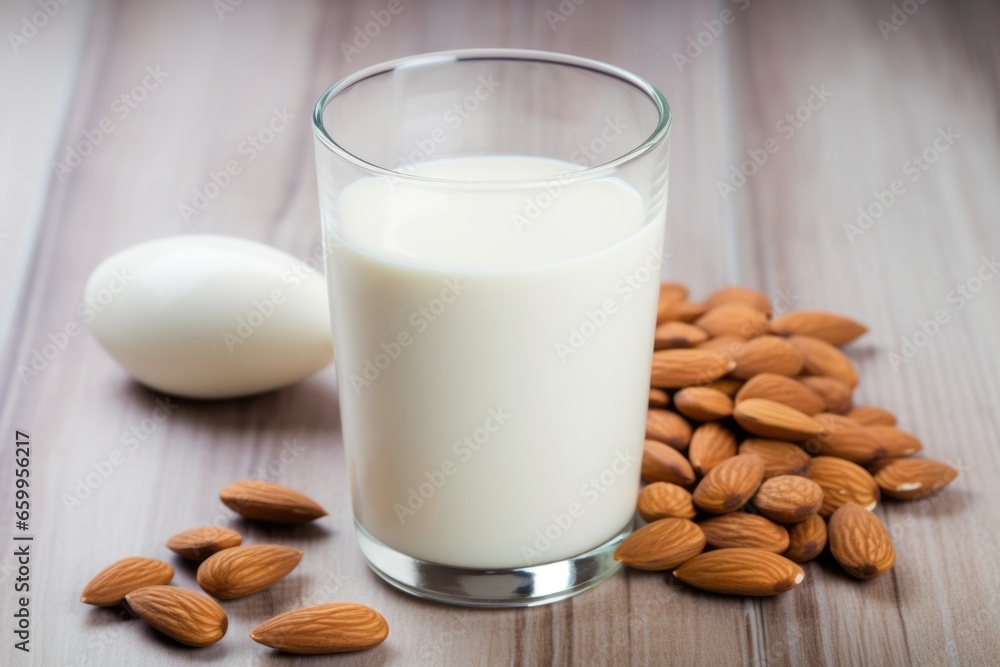 glass of almond milk surrounded by almonds glass of almond milk surrounded by almonds