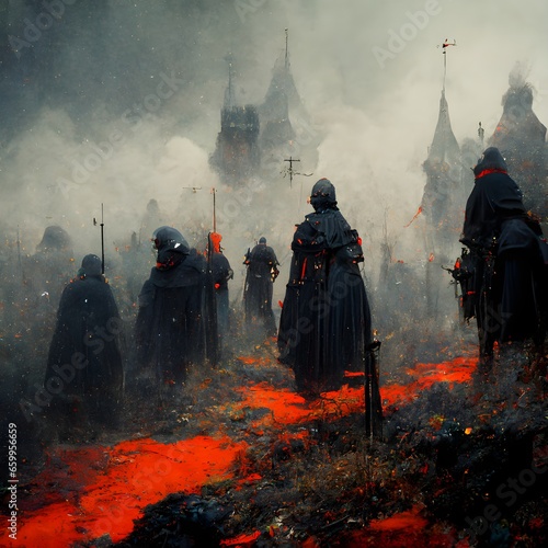 Knights templars crusading a viking village homes on fire people running artstation octane rendered highly detailed dark colors dark fantasy 