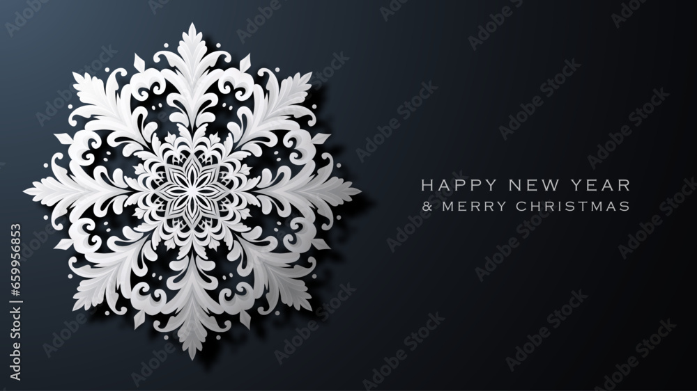 Large white snowflake on a dark background. Merry Christmas and Happy New Year. Large white snowflake on a dark background. Merry Christmas and Happy New Year.