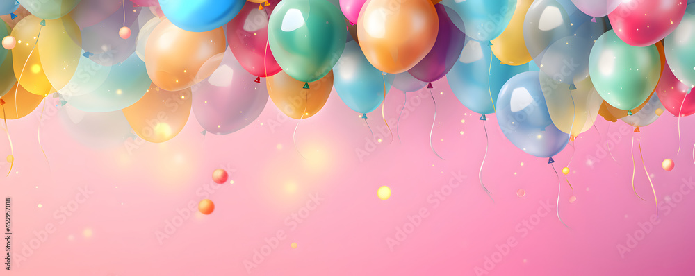 Festive rainbow color balloons and confetti background banner celebration theme