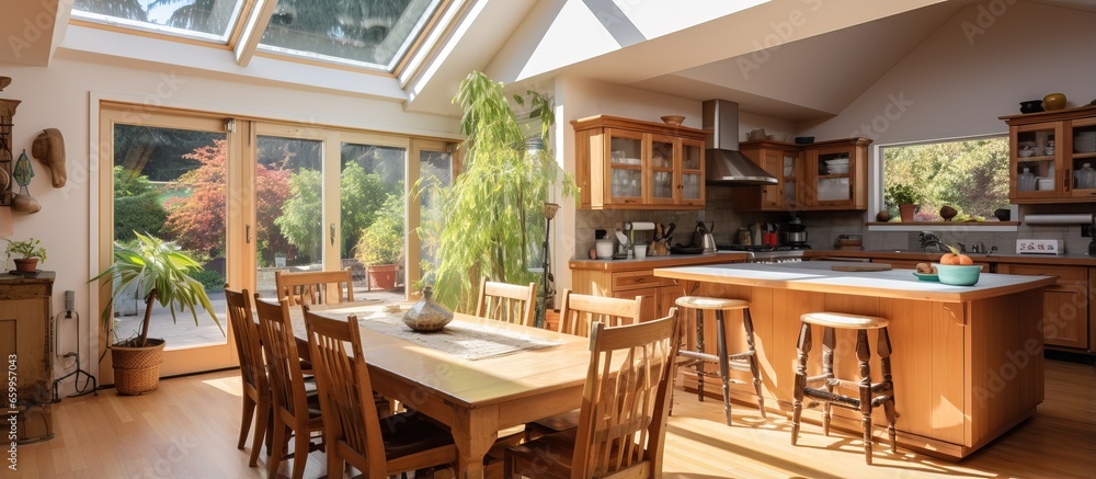 Bright kitchen with skylight wooden interior hardwood floor dining room view Northwest USA