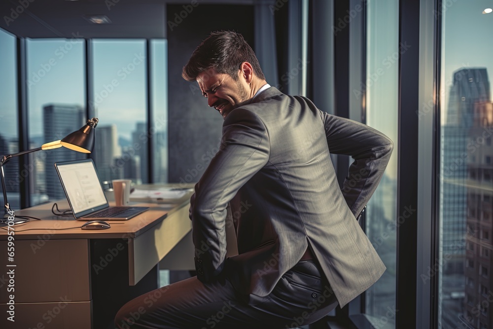 businessman working with a laptop computer has a problem with back pain. Old man feeling pain after sitting at the desk long time, Healthcare and medicine office syndrome concept. businessman working with a laptop computer has a problem with back pain. Old man feeling pain after sitting at the desk long time, Healthcare and medicine office syndrome concept.