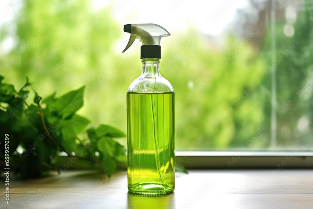 close-up view of an eco-friendly glass cleaner bottle with a window background close-up view of an eco-friendly glass cleaner bottle with a window background